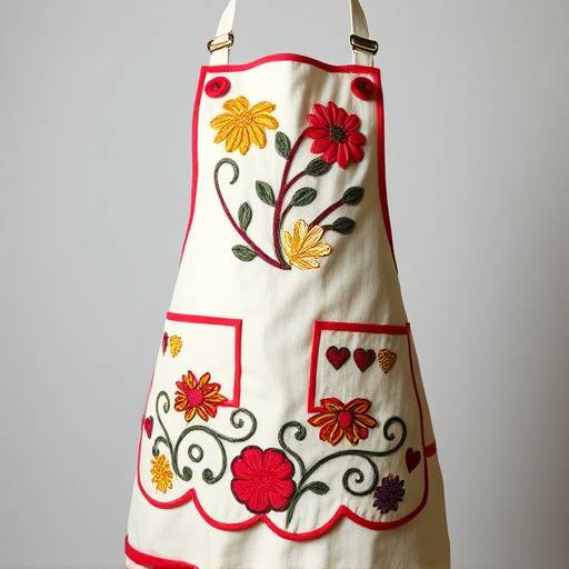個性的なアップリケが施されたエプロン。ユニークなデザインが目を引きます。