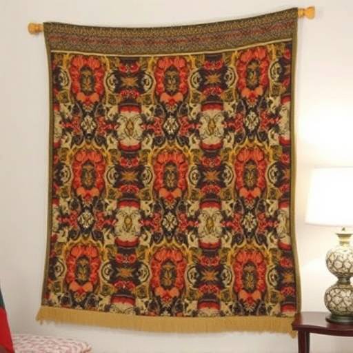 様々な模様が組み合わされたタペストリー。部屋のアクセントに最適です。