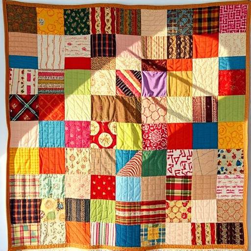 生徒さんが制作した鮮やかなパッチワークキルト。様々な色と柄の生地が組み合わされています。