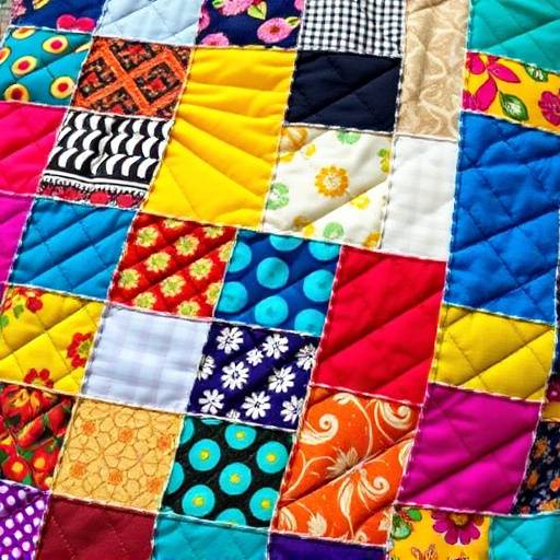 色とりどりの布を使ったパッチワーク作品の写真。鮮やかな色彩が特徴です。